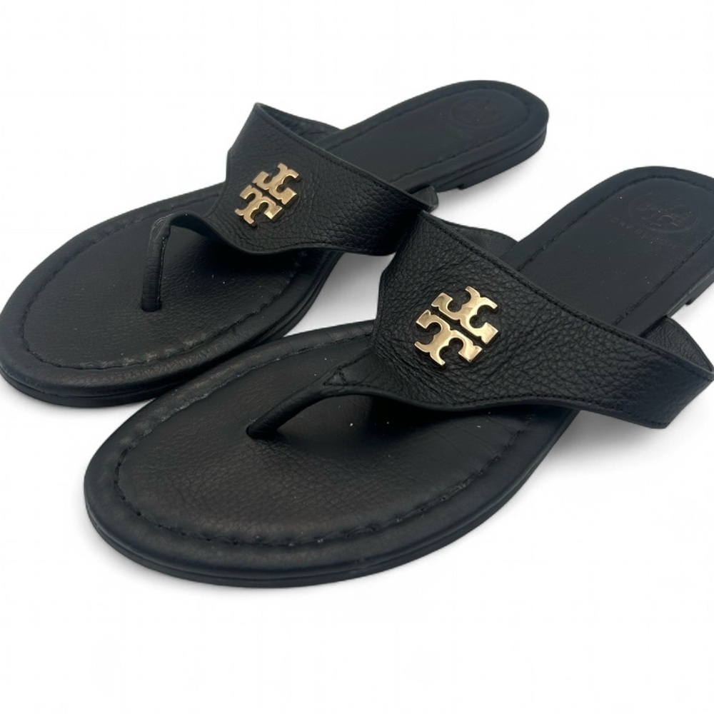 TORY BURCH Jolie Flat Thong Sandals Black/Gold 8.5M Tumbled Leather Excellent - Picture 2 of 8